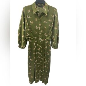 Zara Olive Green Animal Print Long Sleeve Dress